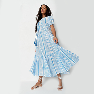 Blue porcelain print tie tassel midaxi dress