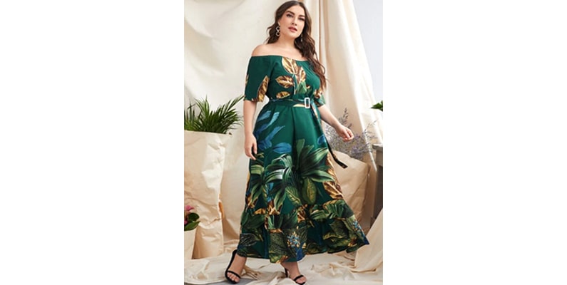 Plus off-shoulder leaves print belted dress