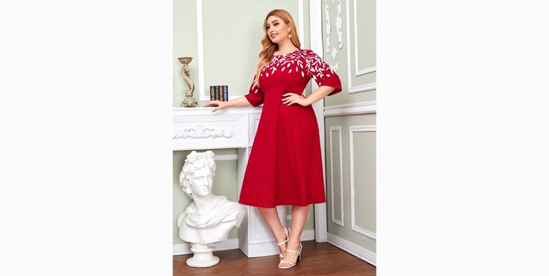 Shein Plus Leaf Print Fit & Flare Dress